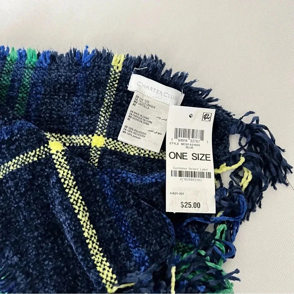 Charter Club Chenille Scarf Plaid Fringed Navy Blue Multicolored